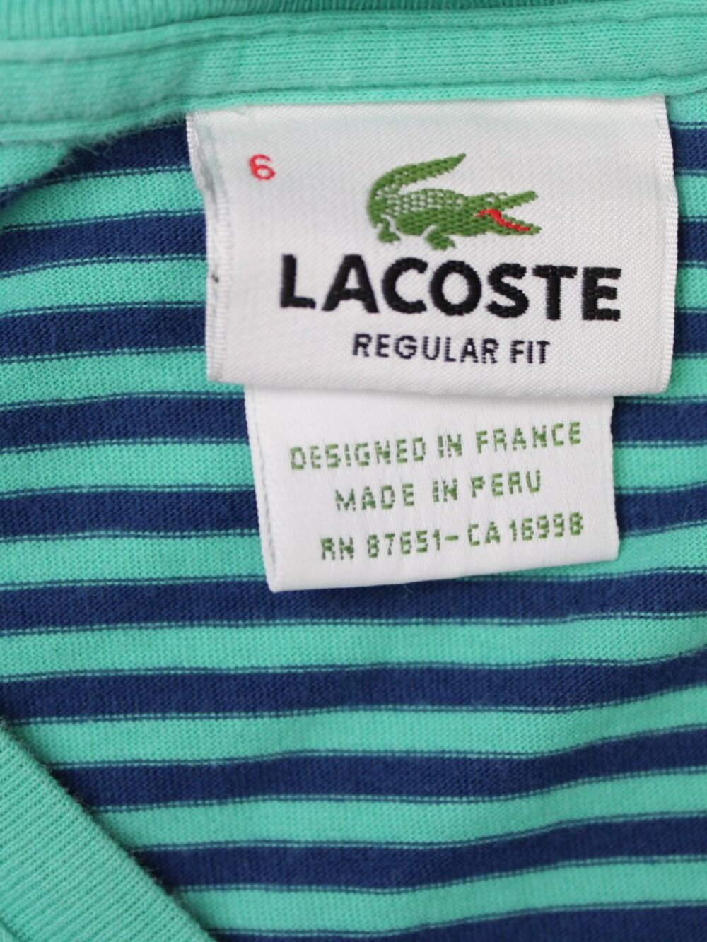 Lacoste Men's Short Sleeve V-Neck Striped Tee in Teal and Navy - Picture 5 of 10